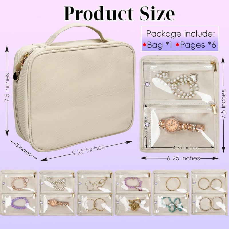 LingLingo Travel Jewelry Organizer Case,Jewelry Bags for Traveling, Jewelry Binder with 24 Pcs Clear Zipper Velvet Pouches for Storing Earrings, Rings, Necklace, Bracelet, Watch (Beige) - Image 2